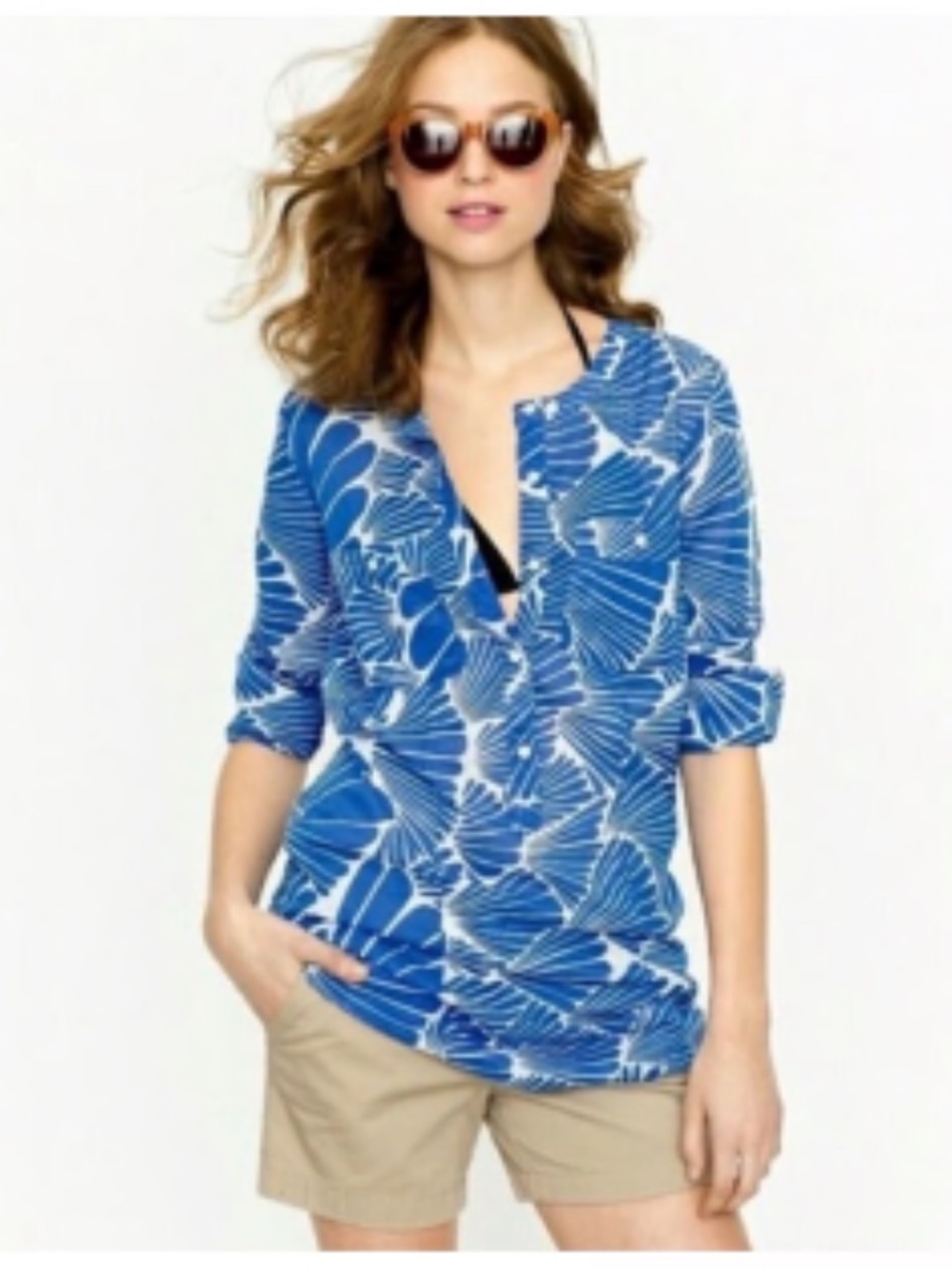 J. Crew Blue White Leaf Print Tunic Swim Cover Up M
